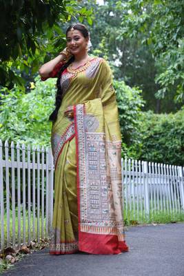 Yellow soft tussar silk blend printed saree festive wear 3