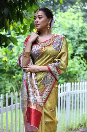 Yellow soft tussar silk blend printed saree festive wear