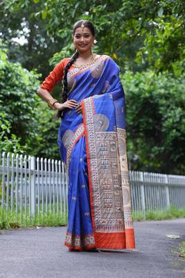 Purple soft tussar silk blend printed saree festive wear 1