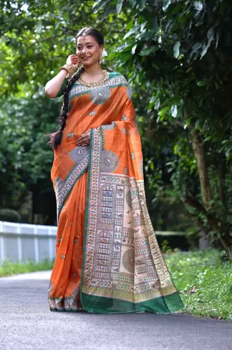 Orange soft tussar silk blend printed saree festive wear