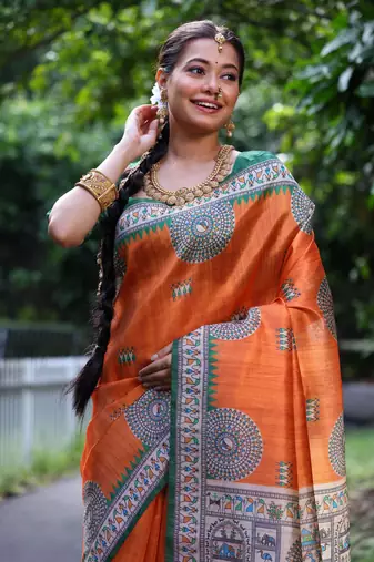 Orange soft tussar silk blend printed saree festive wear