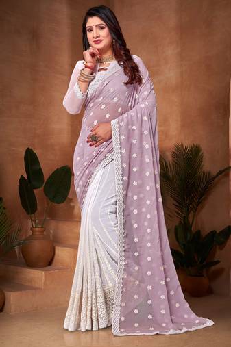 Lavender Resham Embroidery Work Georgette Saree 