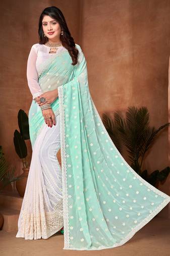 Sky Blue Resham Embroidery Work Georgette Saree