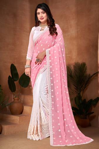 Pink White Resham Embroidery Work Georgette Saree