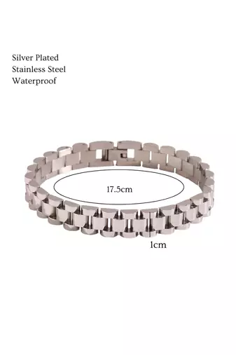 Rhodium plated waterproof  wide-link bracelet