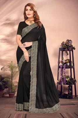 Black Zari Embroidery Work Vichitra Silk Party Wear Saree 1