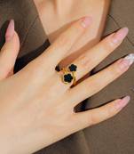 18k gold plated waterproof  anti tarnish black onyx twin clover ring adjustable