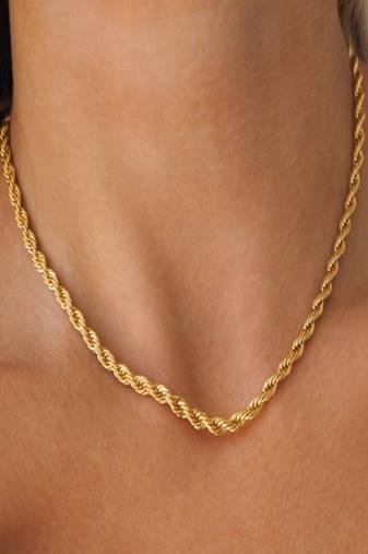18k gold plated waterproof 3 mm rope chain necklace, adjustable and anti-tarnish