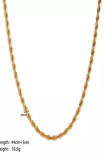 18k gold plated waterproof 3 mm rope chain necklace, adjustable and anti-tarnish