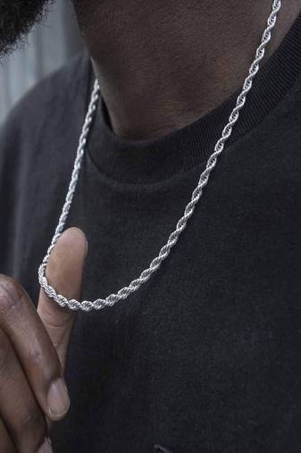 Rhodium plated waterproof 3mm rope chain necklace, adjustable and anti-tarnish