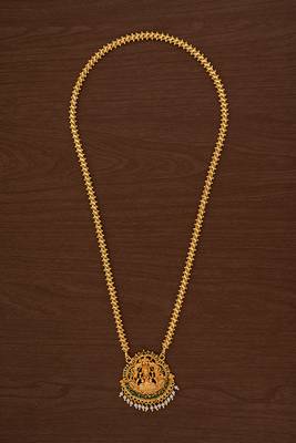 Golden flat chain with Laxmi pendant and pearl hangings MEDIUM length one gram gold 2