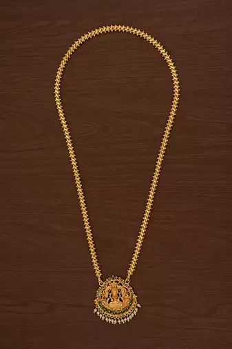 Golden flat chain with Laxmi pendant and pearl hangings MEDIUM length one gram gold