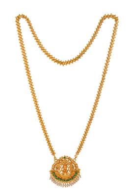 Golden flat chain with Laxmi pendant and pearl hangings MEDIUM length one gram gold 3