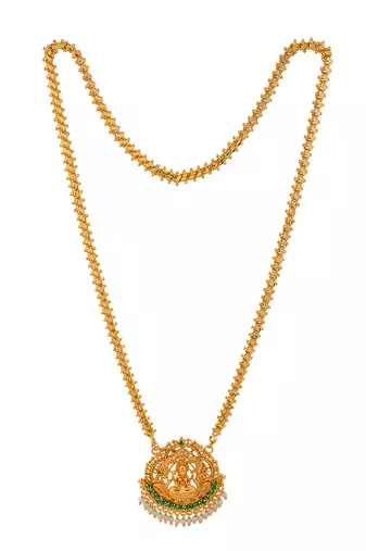 Golden flat chain with Laxmi pendant and pearl hangings MEDIUM length one gram gold