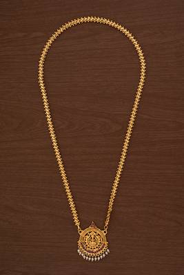 Golden flat chain with Laxmi pendant and pearl hangings MEDIUM length one gram gold 2