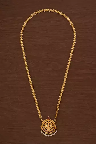 Golden flat chain with Laxmi pendant and pearl hangings MEDIUM length one gram gold