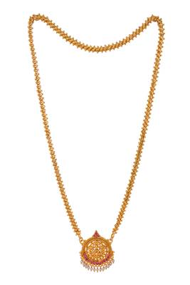 Golden flat chain with Laxmi pendant and pearl hangings MEDIUM length one gram gold 3