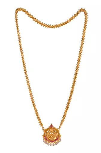 Golden flat chain with Laxmi pendant and pearl hangings MEDIUM length one gram gold