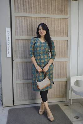 Women Teal Blue Rayon Printed  A-line Kurti 1