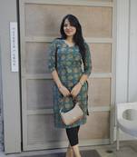 Women Teal Blue Rayon Printed  A-line Kurti