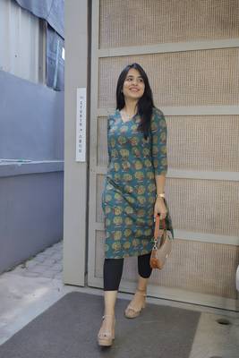 Women Teal Blue Rayon Printed  A-line Kurti 5