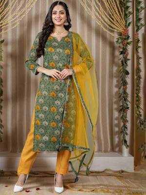 women green rayon blend abstract printed straight kurta trouser with dupatta 1