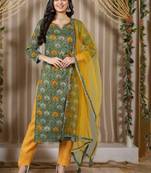 women green rayon blend abstract printed straight kurta trouser with dupatta