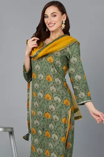women green rayon blend abstract printed straight kurta trouser with dupatta