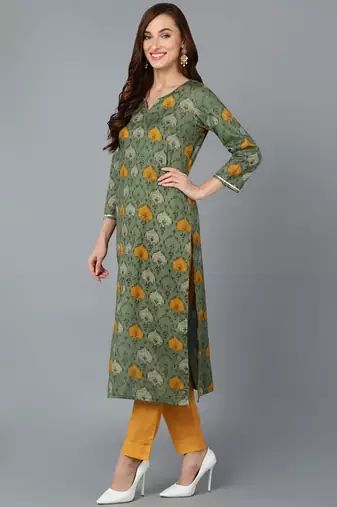 women green rayon blend abstract printed straight kurta trouser with dupatta