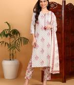 women off white rayon blend ethnic motifs printed straight kurta trouser with dupatta