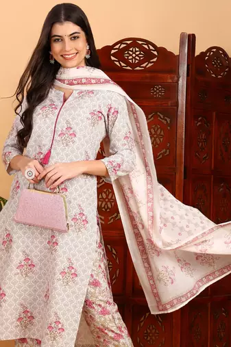 women off white rayon blend ethnic motifs printed straight kurta trouser with dupatta