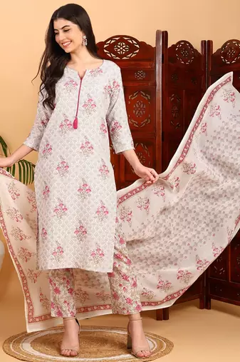 women off white rayon blend ethnic motifs printed straight kurta trouser with dupatta