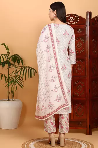 women off white rayon blend ethnic motifs printed straight kurta trouser with dupatta