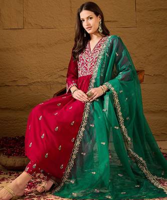 red silk blend solid yoke design anarkali kurta trouser with dupatta 1