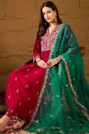 red silk blend solid yoke design anarkali kurta trouser with dupatta