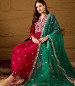 red silk blend solid yoke design anarkali kurta trouser with dupatta