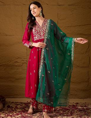 red silk blend solid yoke design anarkali kurta trouser with dupatta 2