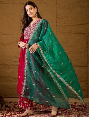 red silk blend solid yoke design anarkali kurta trouser with dupatta 3