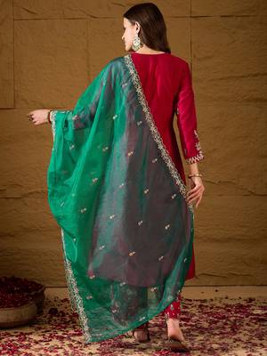 red silk blend solid yoke design anarkali kurta trouser with dupatta 4