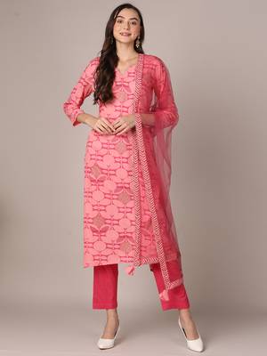 women pink rayon blend geometric printed straight kurta trouser with dupatta 1