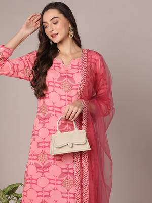 women pink rayon blend geometric printed straight kurta trouser with dupatta 2