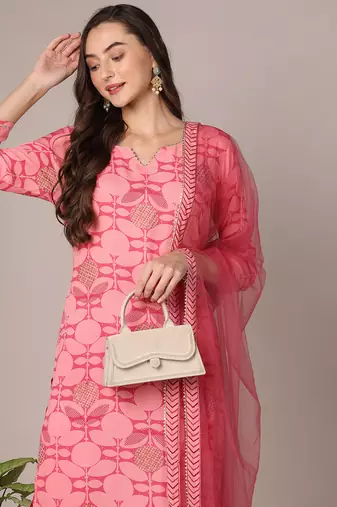 women pink rayon blend geometric printed straight kurta trouser with dupatta