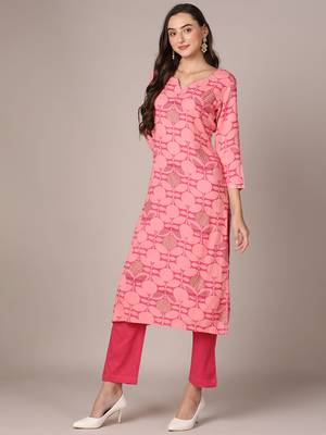 women pink rayon blend geometric printed straight kurta trouser with dupatta 3