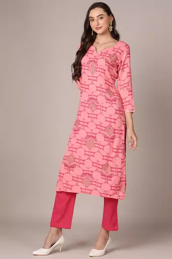 women pink rayon blend geometric printed straight kurta trouser with dupatta