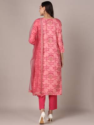 women pink rayon blend geometric printed straight kurta trouser with dupatta 4