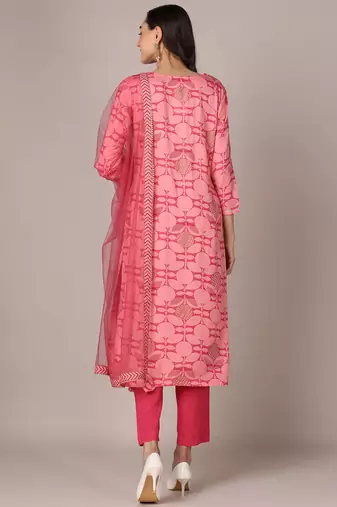 women pink rayon blend geometric printed straight kurta trouser with dupatta