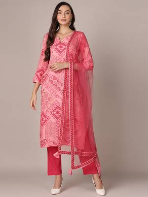 women pink rayon blend geometric printed straight kurta trouser with dupatta 1