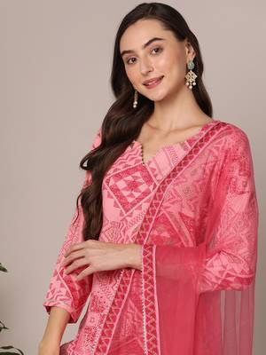 women pink rayon blend geometric printed straight kurta trouser with dupatta 2