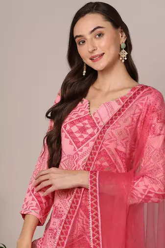 women pink rayon blend geometric printed straight kurta trouser with dupatta