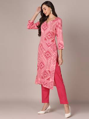 women pink rayon blend geometric printed straight kurta trouser with dupatta 3